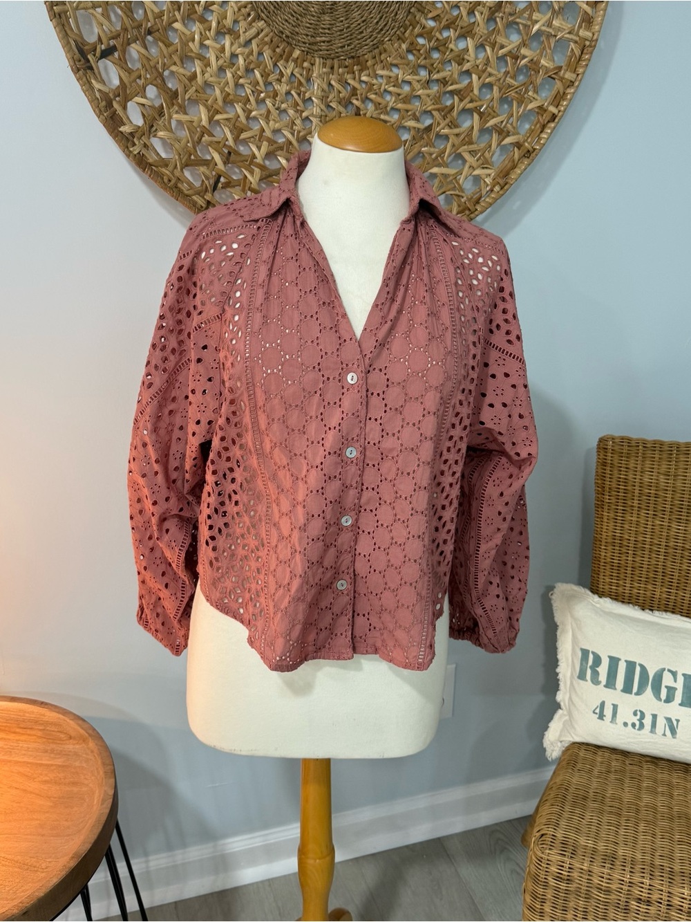 Shore Eyelet Button-Front Top in Dusty Rose